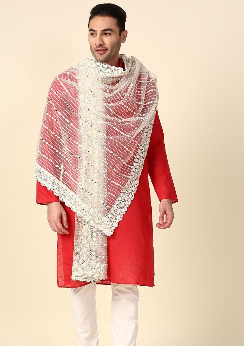 Men Off White Ethnic Motifs Embroidered Dupatta With Mirror Work