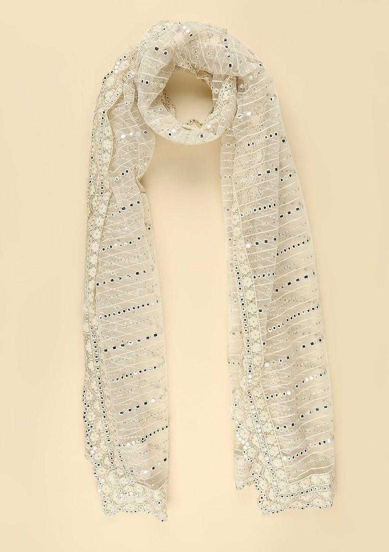 Men Off White Ethnic Motifs Embroidered Dupatta With Mirror Work