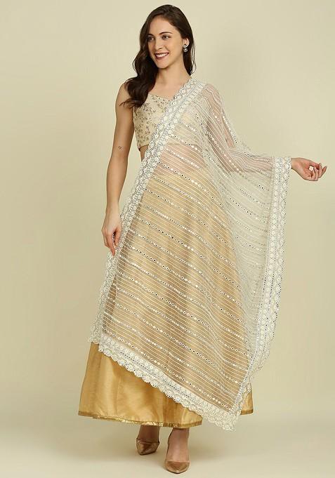 Mirror Work Embroidered Net Dupatta