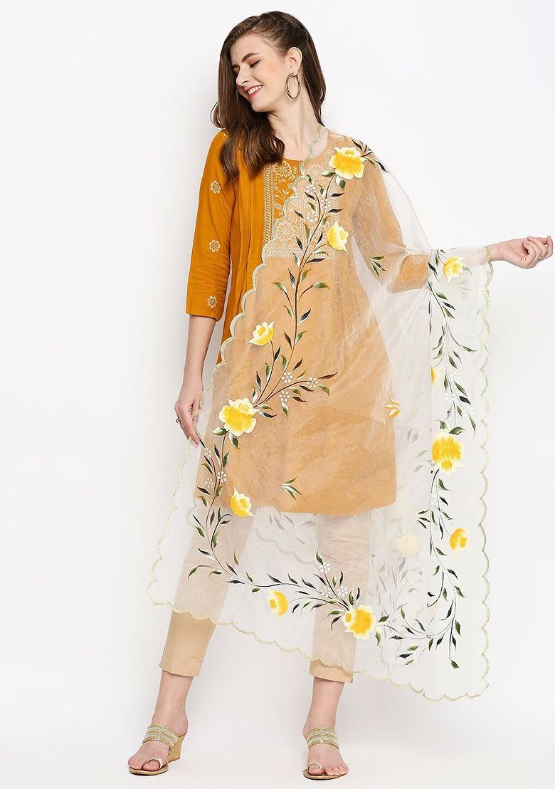 White And Yellow Printed Organza Dupatta