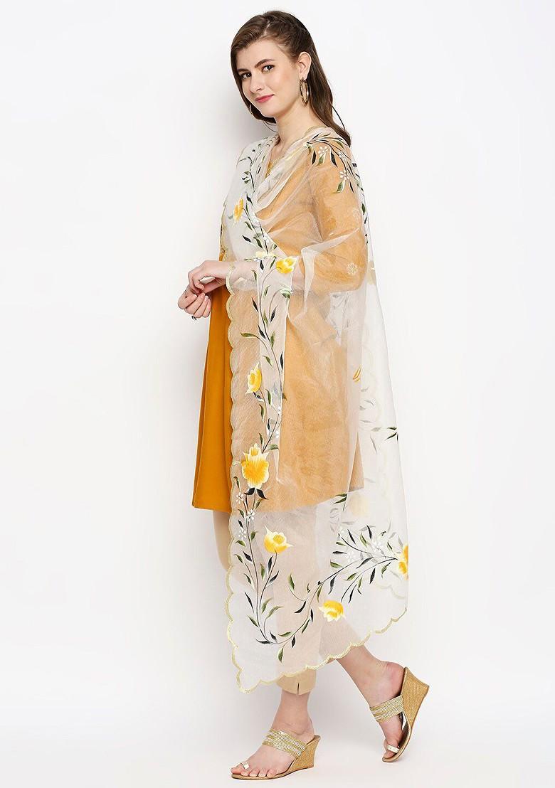 White And Yellow Printed Organza Dupatta