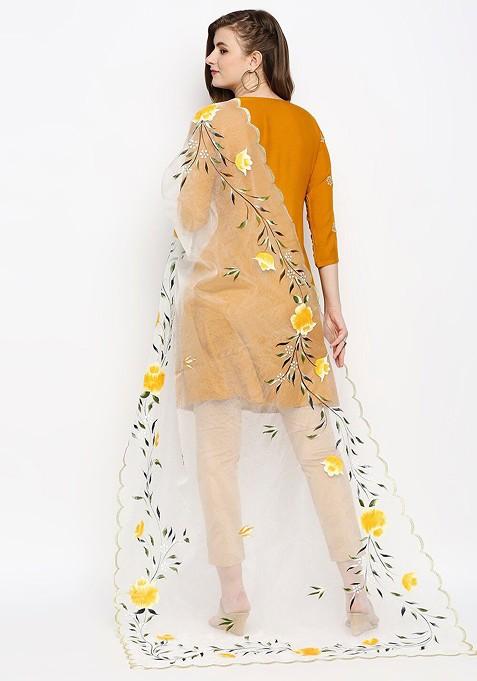 White And Yellow Printed Organza Dupatta