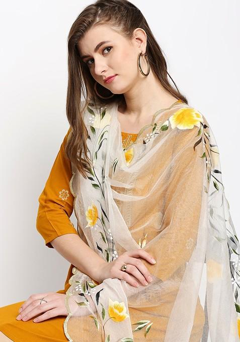 White And Yellow Printed Organza Dupatta