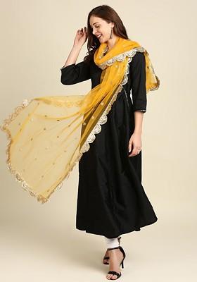 Yellow And Gold Toned Embroidered Net Dupatta