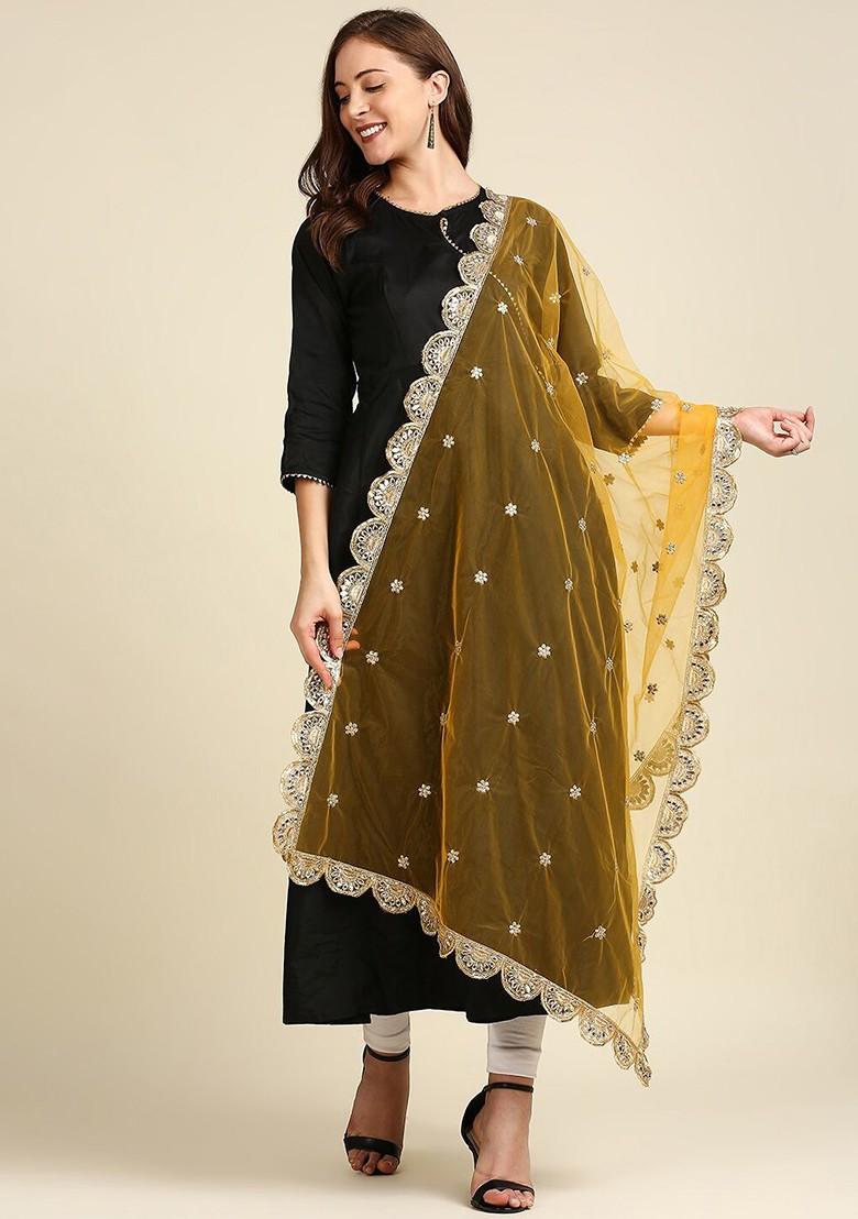 Yellow And Gold Toned Embroidered Net Dupatta
