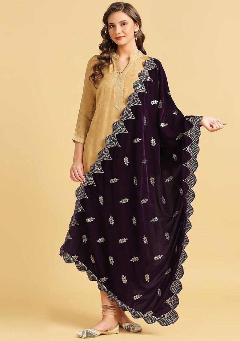 Ethnic Motifs Embroidered Velvet Dupatta With Zardozi