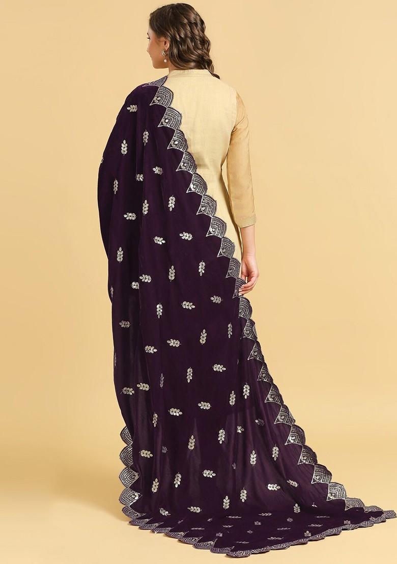 Ethnic Motifs Embroidered Velvet Dupatta With Zardozi