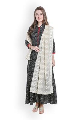 Cream Coloured And Gold Toned Embroidered Dupatta
