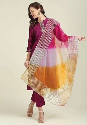 Pink And Orange Dyed Organza Dupatta With Gotta Patti
