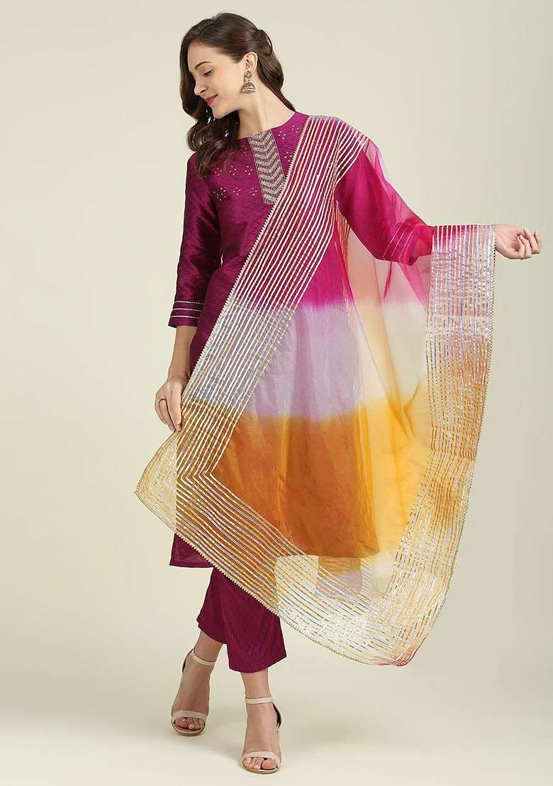 Pink And Orange Dyed Organza Dupatta With Gotta Patti - Indya