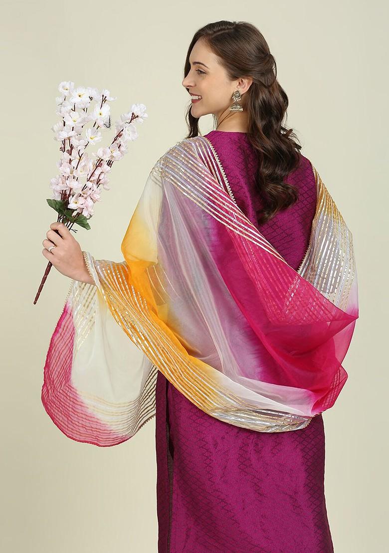 Pink And Orange Dyed Organza Dupatta With Gotta Patti