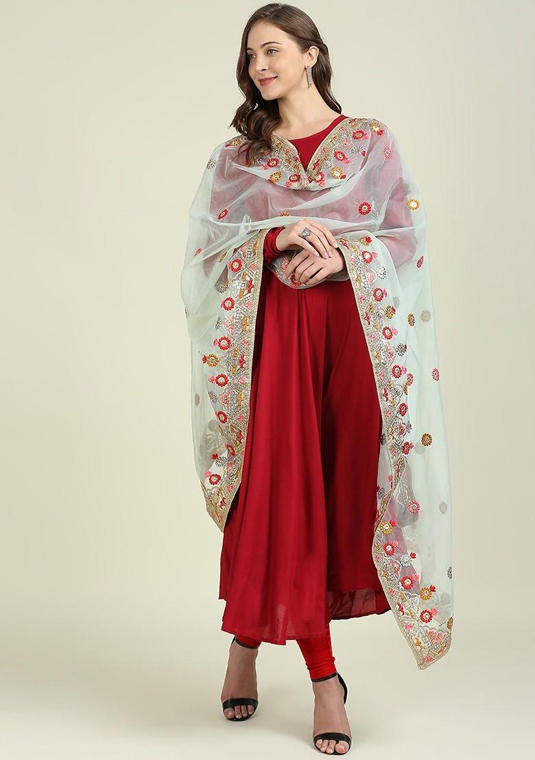 White And Green Ethnic Motifs Embroidered Organza Dupatta With Thread Work