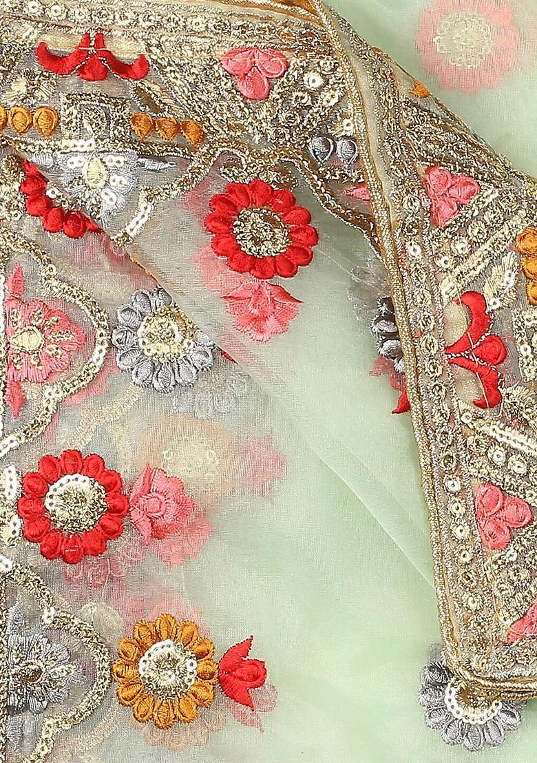 White And Green Ethnic Motifs Embroidered Organza Dupatta With Thread Work