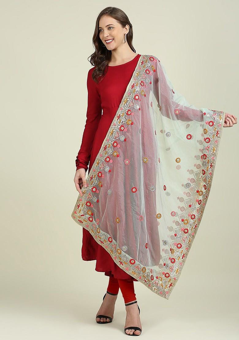 White And Green Ethnic Motifs Embroidered Organza Dupatta With Thread Work