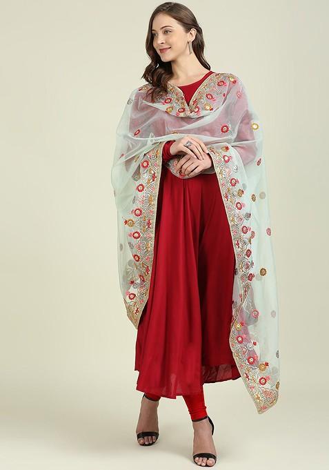 White And Green Ethnic Motifs Embroidered Organza Dupatta With Thread Work