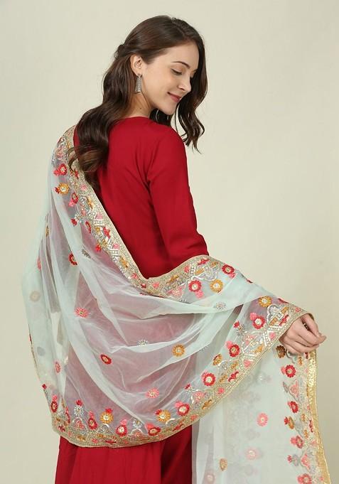 White And Green Ethnic Motifs Embroidered Organza Dupatta With Thread Work