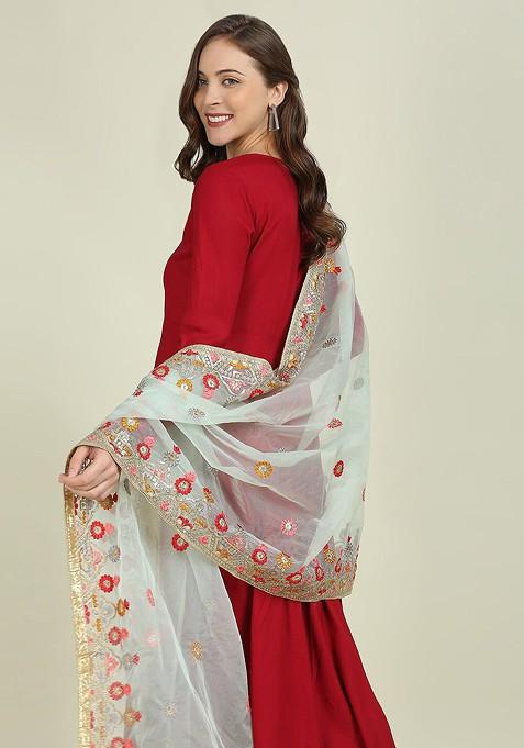 White And Green Ethnic Motifs Embroidered Organza Dupatta With Thread Work