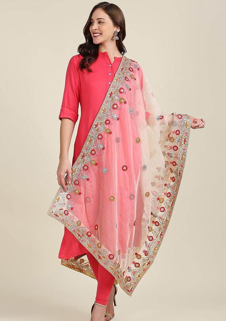 Beige And Red Ethnic Motifs Embroidered Organza Dupatta