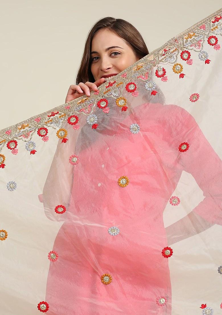 Beige And Red Ethnic Motifs Embroidered Organza Dupatta