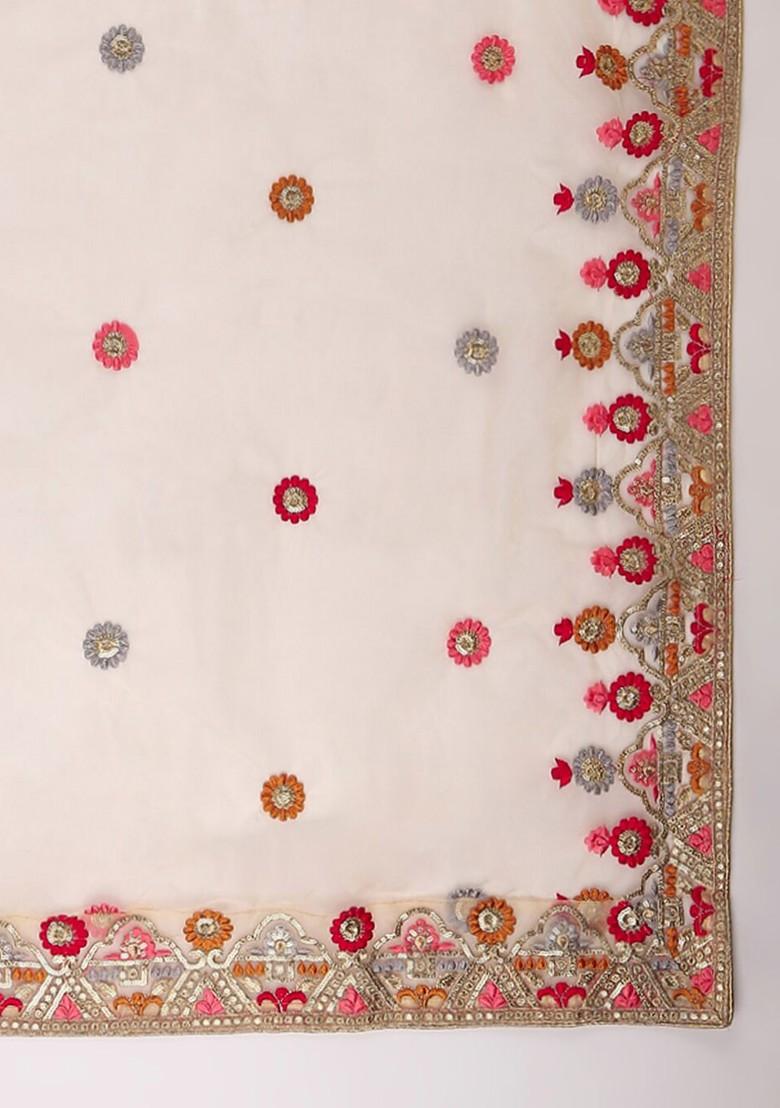 Beige And Red Ethnic Motifs Embroidered Organza Dupatta