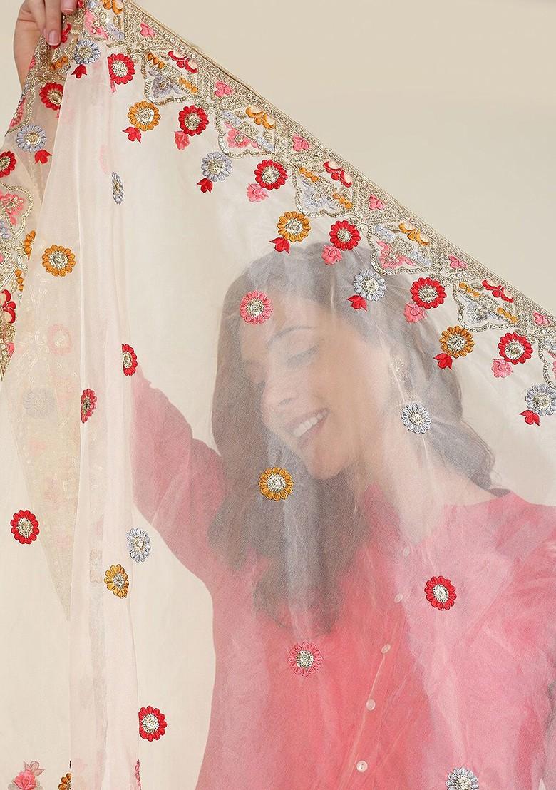 Beige And Red Ethnic Motifs Embroidered Organza Dupatta