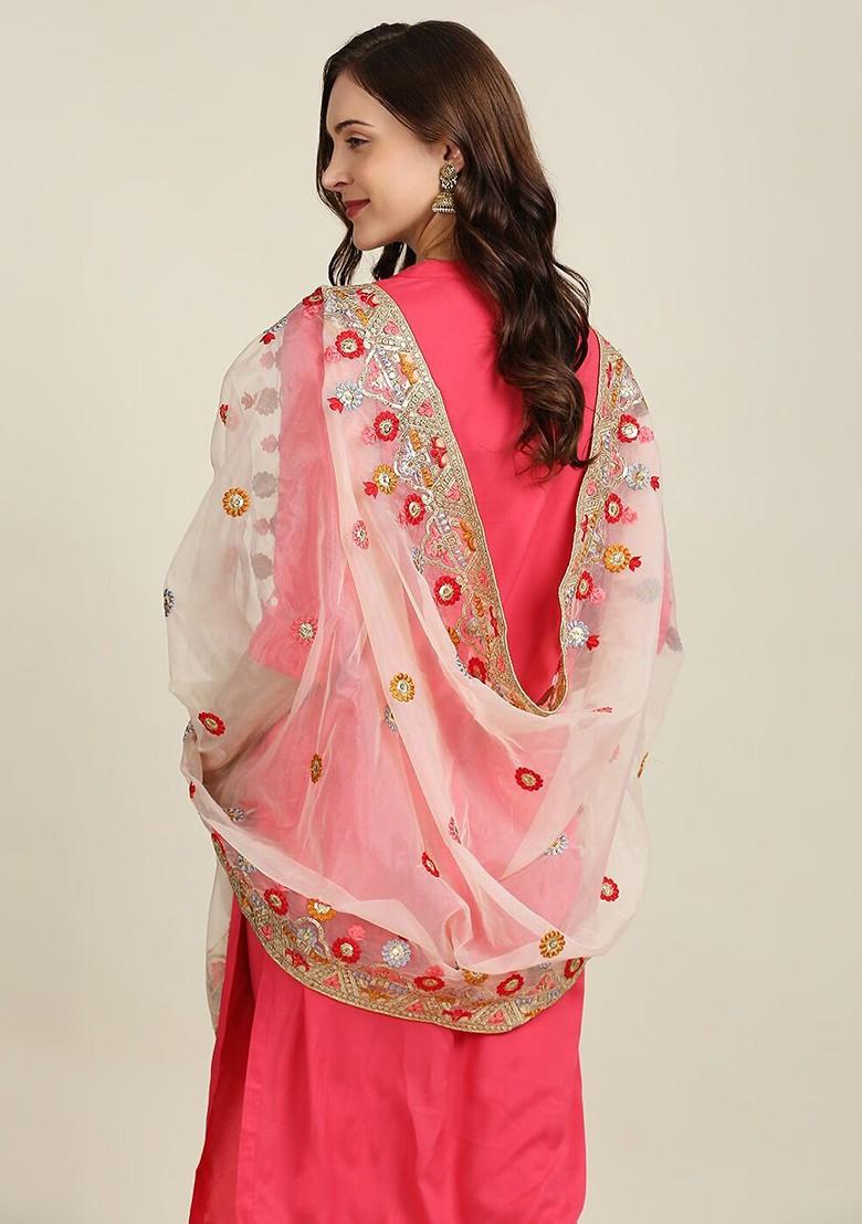 Beige And Red Ethnic Motifs Embroidered Organza Dupatta