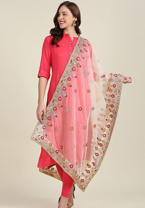 Beige And Red Ethnic Motifs Embroidered Organza Dupatta