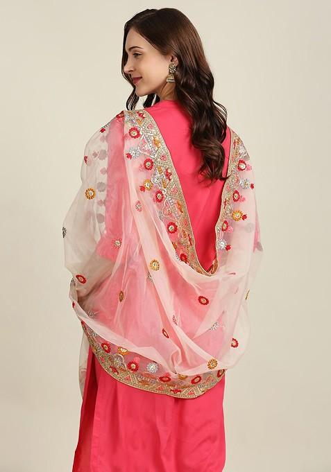 Beige And Red Ethnic Motifs Embroidered Organza Dupatta