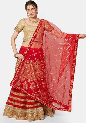 Red And Gold Toned Embroidered Organza Dupatta With Zari