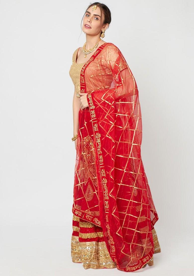 Red And Gold Toned Embroidered Organza Dupatta With Zari