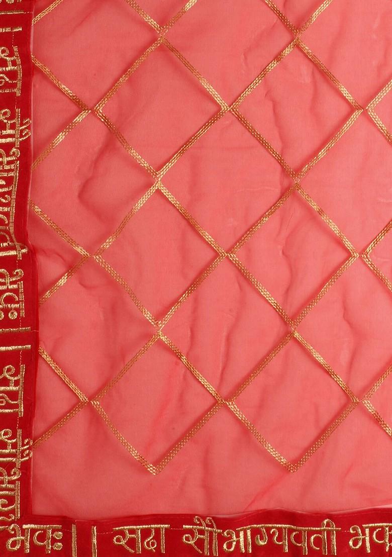 Red And Gold Toned Embroidered Organza Dupatta With Zari