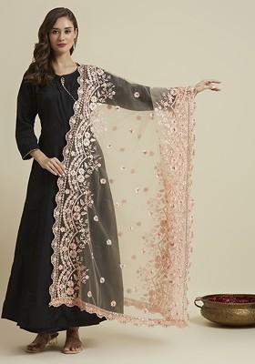 Floral Embroidered Sequinned Net Dupatta