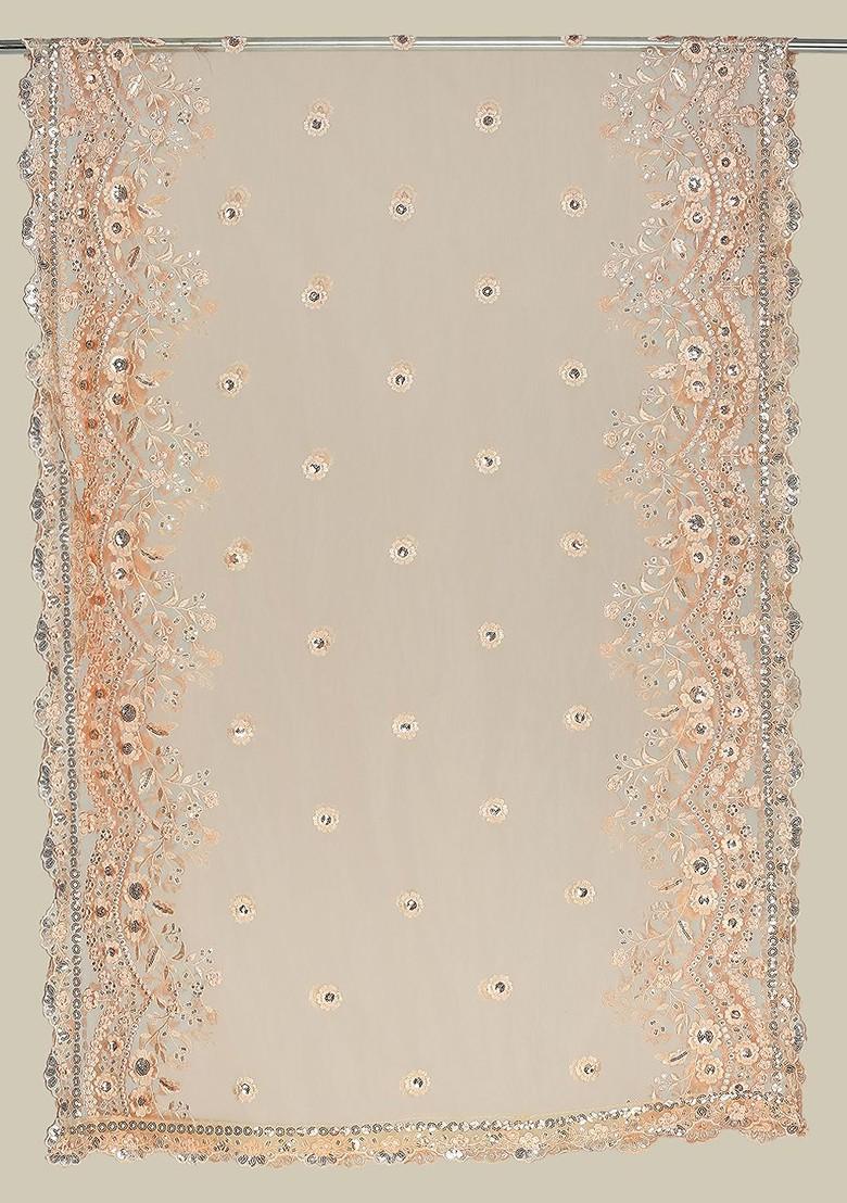 Floral Embroidered Sequinned Net Dupatta