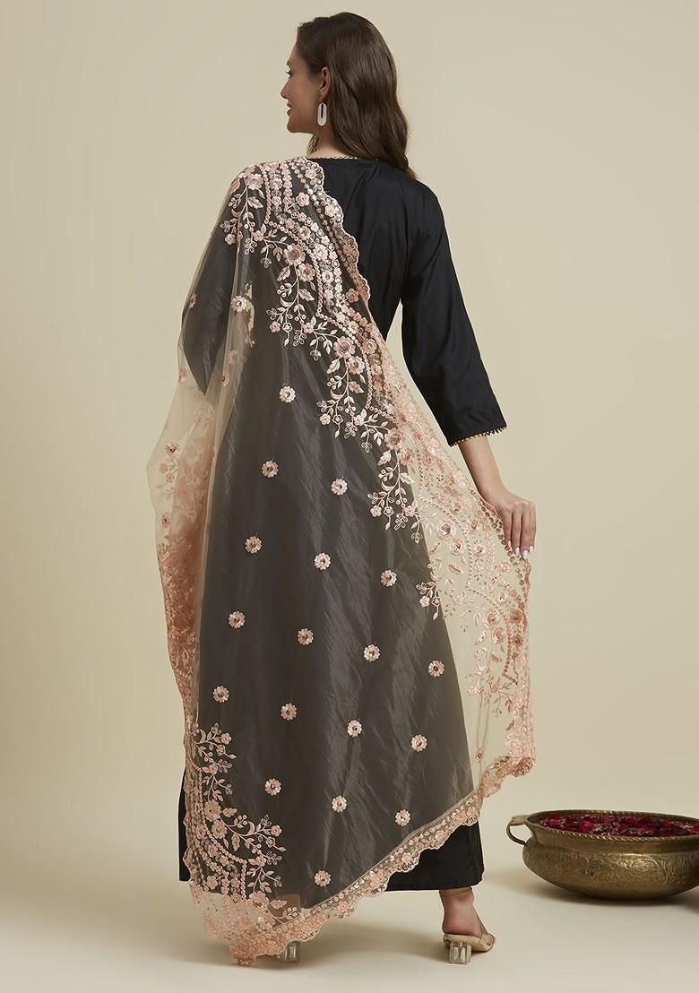 Floral Embroidered Sequinned Net Dupatta