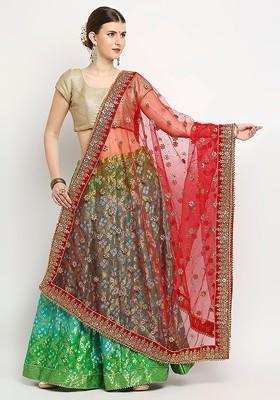 Red Ethnic Motifs Embroidered Dupatta With Zardozi
