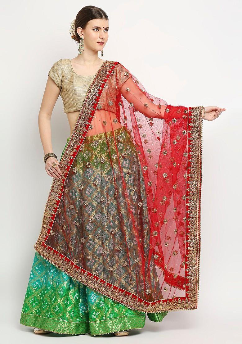Red Ethnic Motifs Embroidered Dupatta With Zardozi
