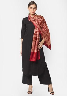 Red And Beige Printed Block Print Dupatta