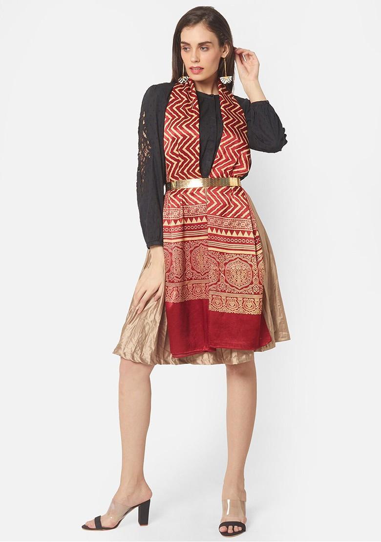 Red And Beige Printed Block Print Dupatta