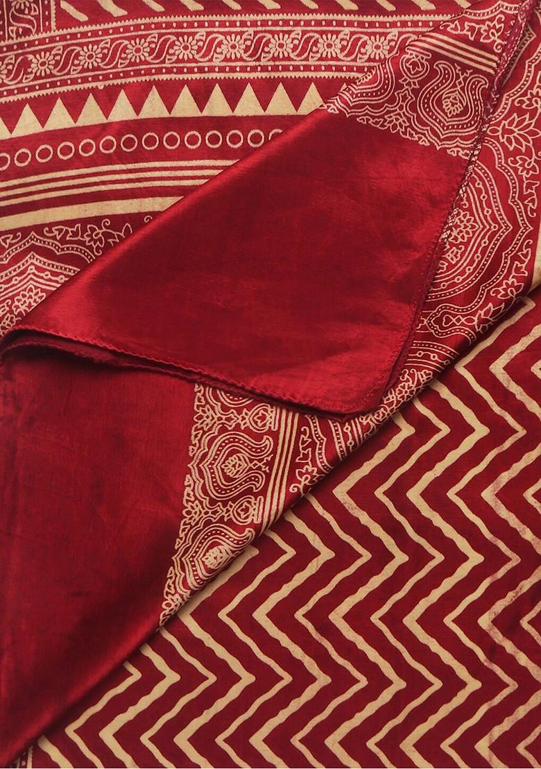 Red And Beige Printed Block Print Dupatta