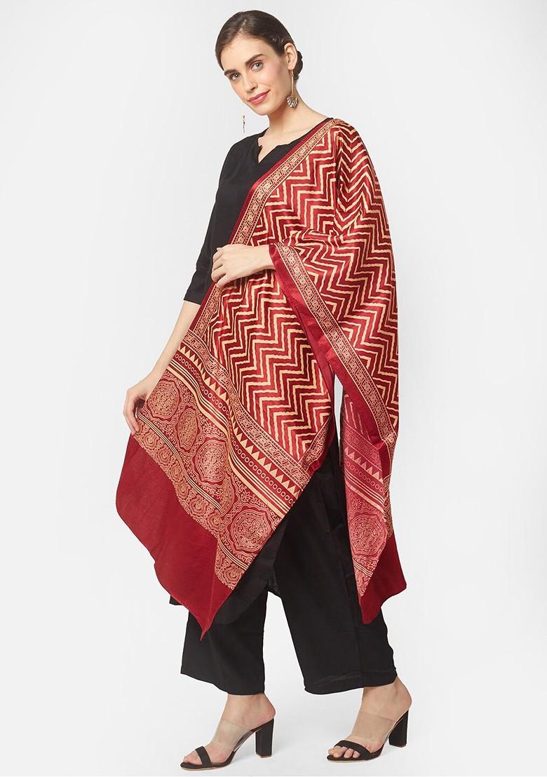 Red And Beige Printed Block Print Dupatta