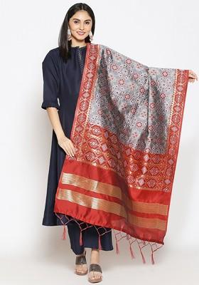 Grey And Red Ethnic Motifs Woven Design Banarasi Dupatta With Zari