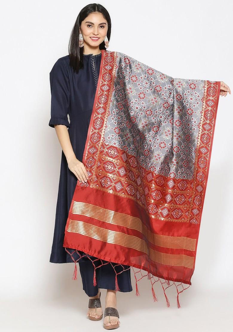 Grey And Red Ethnic Motifs Woven Design Banarasi Dupatta With Zari