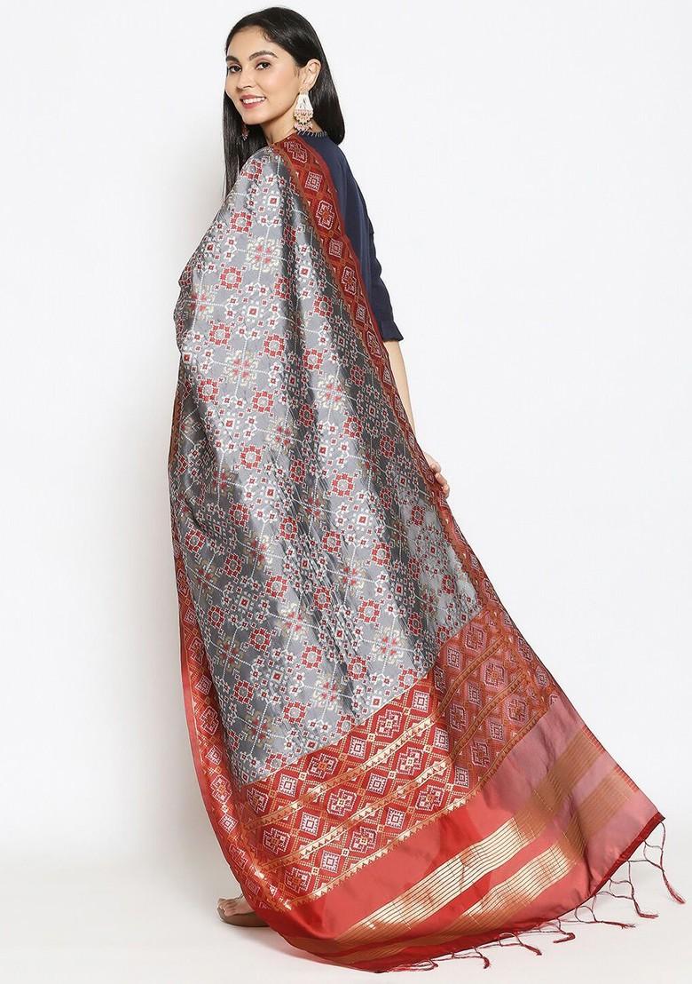 Grey And Red Ethnic Motifs Woven Design Banarasi Dupatta With Zari