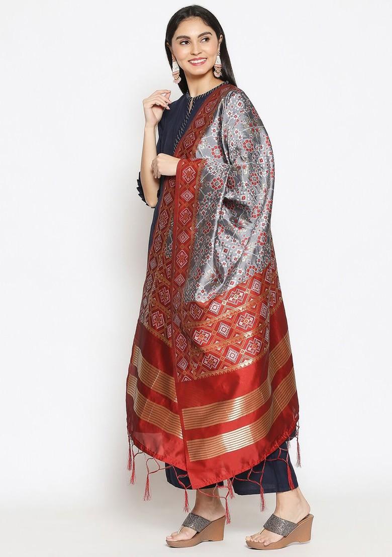Grey And Red Ethnic Motifs Woven Design Banarasi Dupatta With Zari