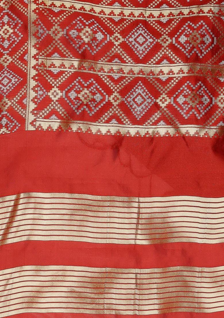 Grey And Red Ethnic Motifs Woven Design Banarasi Dupatta With Zari