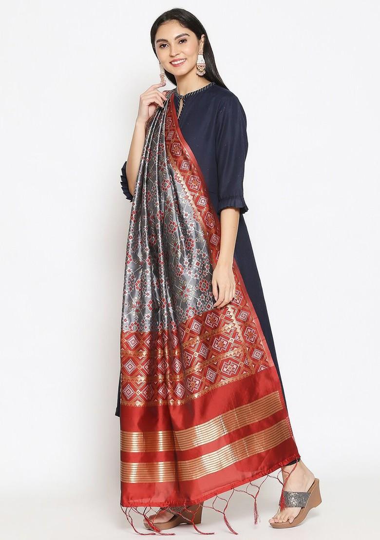 Grey And Red Ethnic Motifs Woven Design Banarasi Dupatta With Zari