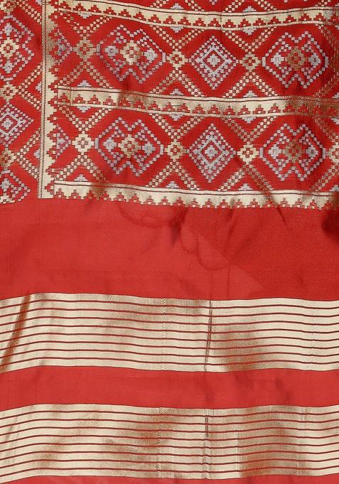 Grey And Red Ethnic Motifs Woven Design Banarasi Dupatta With Zari