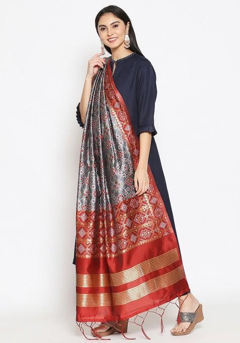Grey And Red Ethnic Motifs Woven Design Banarasi Dupatta With Zari