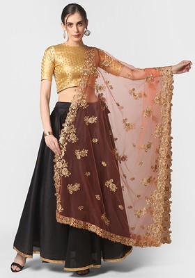 Peach Coloured And Gold Embroidered Dupatta With Cutwork Details