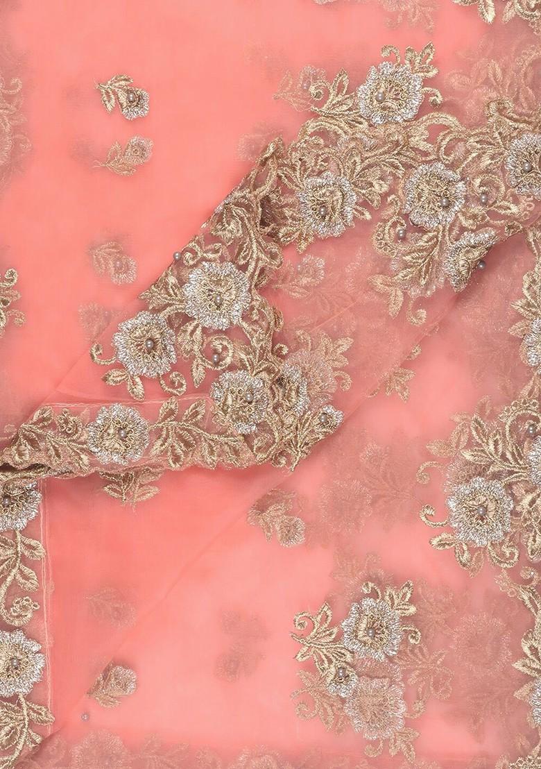 Peach Coloured And Gold Embroidered Dupatta With Cutwork Details